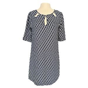 Needle and Thread Knee Length Cut Out Neck Blue White Geo Print Shift Dress Med